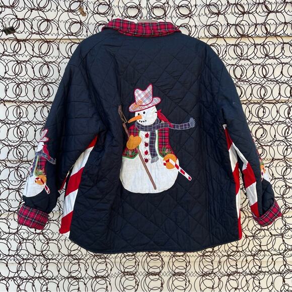 Vintage Americana appliqué snowman quilted jacket reversible w black red plaid - Picture 3 of 5